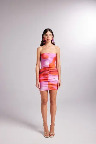 Drapeli Mini Straplez Dainty Elbise Turuncu-Turuncu 