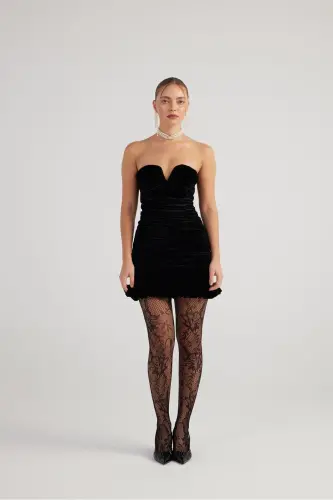 Drapeli Straplez Kesim Kadife Mini Samantha Elbise Siyah-Siyah - 11