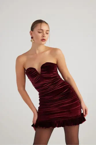 Drapeli Straplez Kesim Kadife Mini Samantha Elbise Bordo - Bordo - HOLLY LOLLY (1)