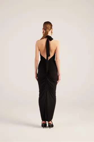 Драпированное Длинное Платье Мари С Разрезом С Открытой Спиной Черного Цвета - 5