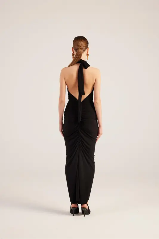 Драпированное Длинное Платье Мари С Разрезом С Открытой Спиной Черного Цвета - 5