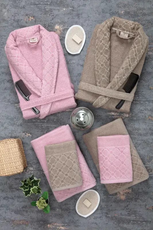 Dream 12 Pcs Boxed Jacquard Bathrobe Set | Bathrobe | Towel & Towel Set | Bath Dowry Set-coffee - 1