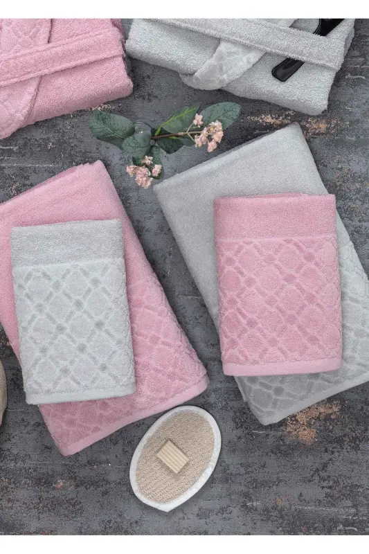 Dream 12 Pcs Jacquard Bathrobe Set Boxed | Bathrobe | Towel & Towel Set | Bath Dowry Set-gray - 4