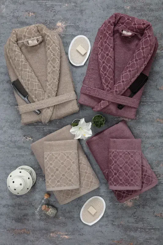 Dream 12 Pieces Boxed Jacquard Bathrobe Set | Bathrobe | Towel & Towel Set | Bath Dowry Set-coffee - GÜVENAL