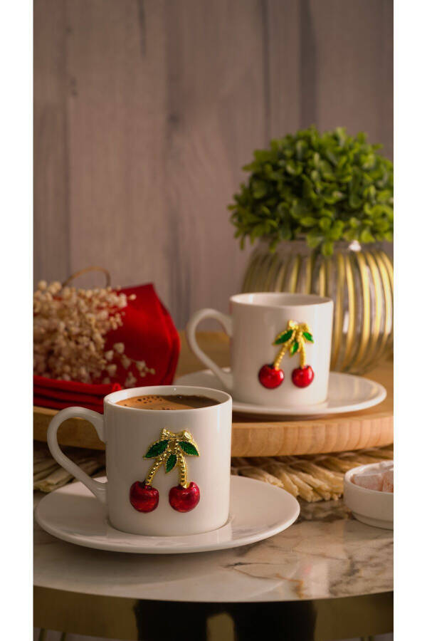 Dream Cherry Embroidered 4-Piece 2-Person Porcelain Coffee Cup Set - 9