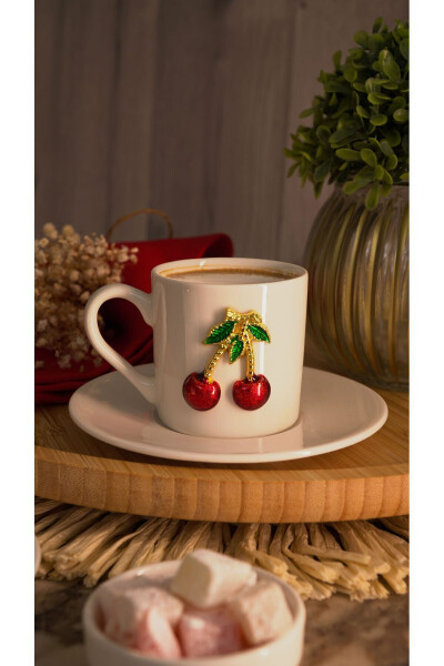 Dream Cherry Embroidered 4-Piece 2-Person Porcelain Coffee Cup Set - 10