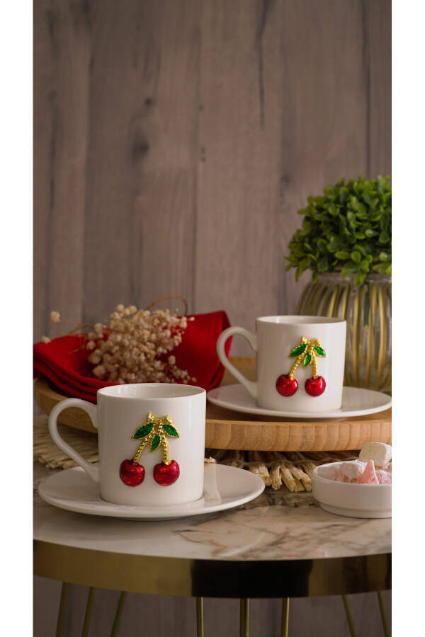 Dream Cherry Embroidered 4-Piece 2-Person Porcelain Coffee Cup Set - 11