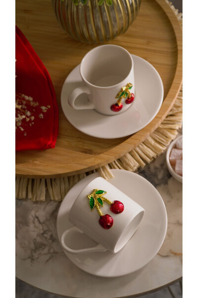 Dream Cherry Embroidered 4-Piece 2-Person Porcelain Coffee Cup Set - 12