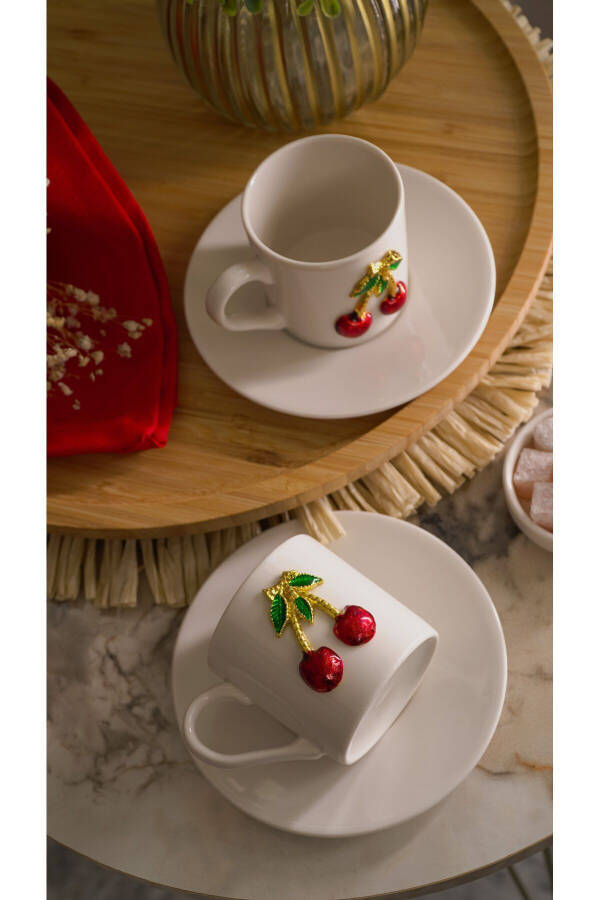 Dream Cherry Embroidered 4-Piece 2-Person Porcelain Coffee Cup Set - 12