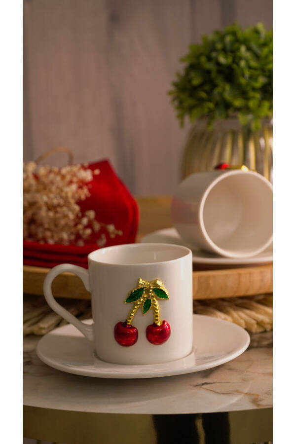 Dream Cherry Embroidered 4-Piece 2-Person Porcelain Coffee Cup Set - 13