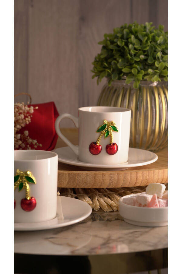 Dream Cherry Embroidered 4-Piece 2-Person Porcelain Coffee Cup Set - 14