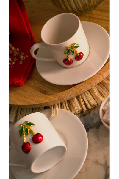 Dream Cherry Embroidered 4-Piece 2-Person Porcelain Coffee Cup Set - 15