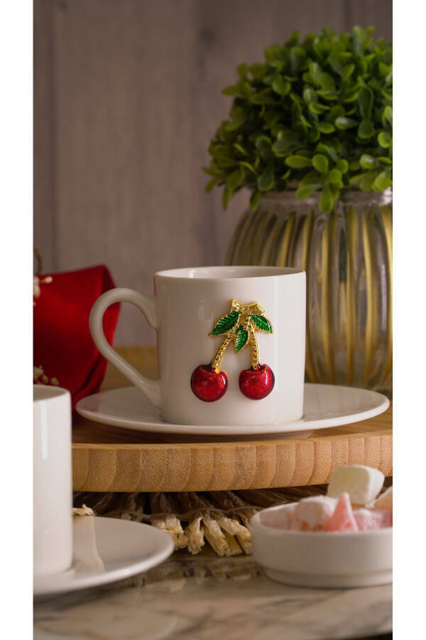 Dream Cherry Embroidered 4-Piece 2-Person Porcelain Coffee Cup Set - 16