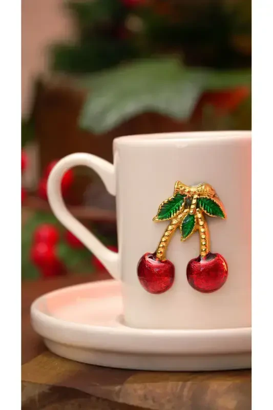 Dream Cherry Embroidered 4-Piece 2-Person Porcelain Coffee Cup Set - HEDA PORSELEN