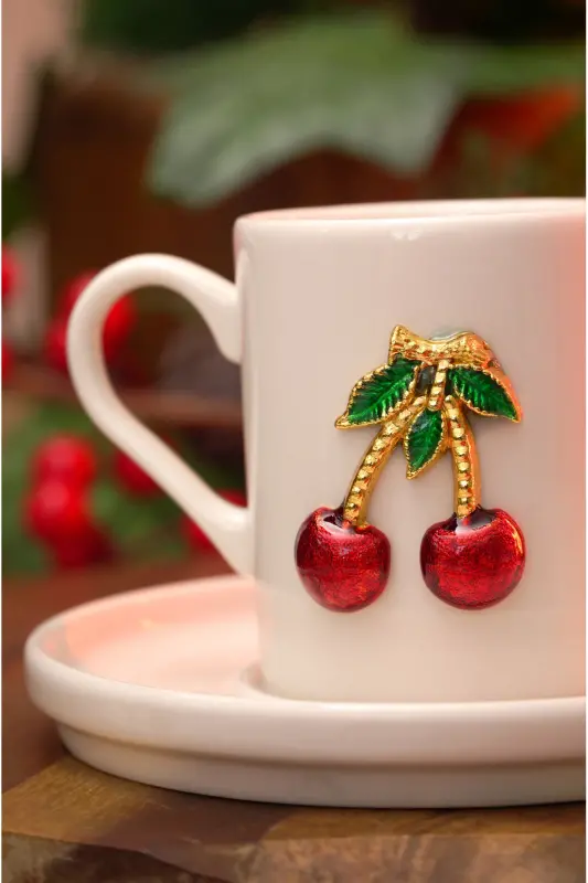 Dream Cherry Embroidered 4-Piece 2-Person Porcelain Coffee Cup Set - HEDA PORSELEN