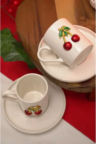 Dream Cherry Embroidered 4-Piece 2-Person Porcelain Coffee Cup Set - 3