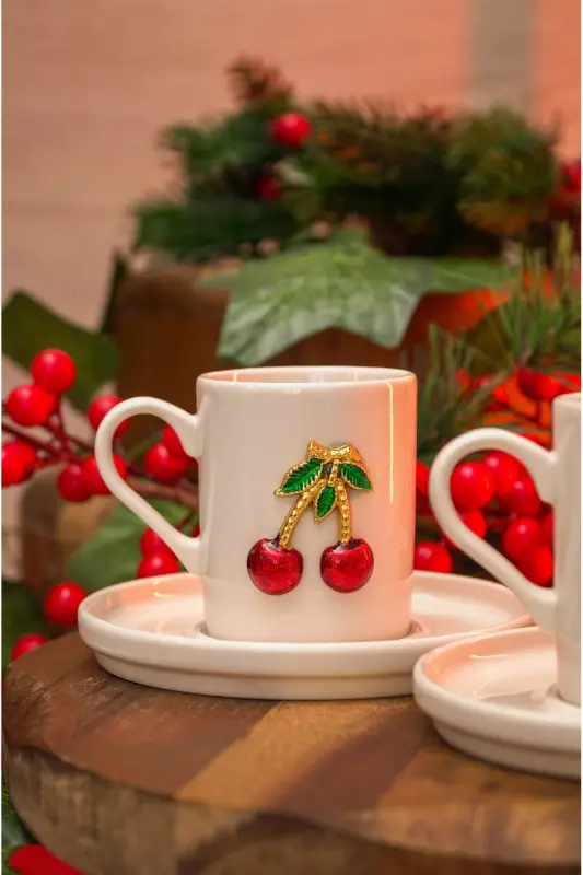 Dream Cherry Embroidered 4-Piece 2-Person Porcelain Coffee Cup Set - 4