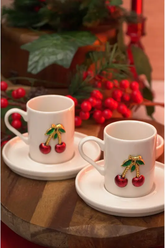 Dream Cherry Embroidered 4-Piece 2-Person Porcelain Coffee Cup Set - 5