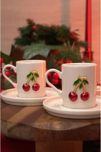 Dream Cherry Embroidered 4-Piece 2-Person Porcelain Coffee Cup Set - 6