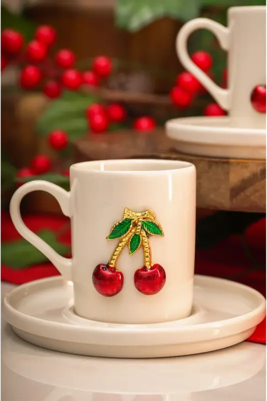 Dream Cherry Embroidered 4-Piece 2-Person Porcelain Coffee Cup Set - 7