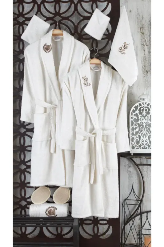 Dream Cream Embroidered Cotton Bathrobe Set 10 Pieces-Beige - 1