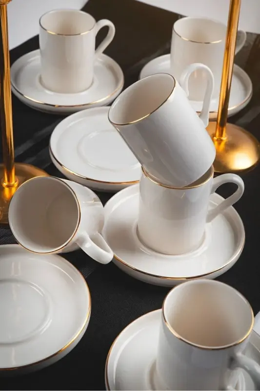 Dream Gold Gilt 12 Piece 6 Person Porcelain Coffee Cup Set Broken White - HEDA PORSELEN