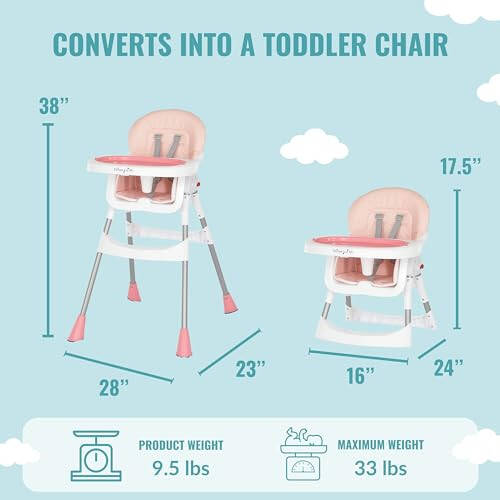 Dream On Me Portable 2-in-1 Tabletalk High Chair, Convertible Compact Light Weight Highchair, Pink - 32