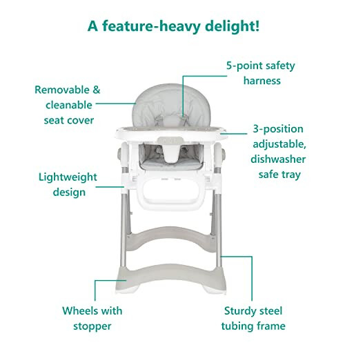 Dream On Me Solid Times High Chair for Babies and Toddlers in Grey, Multiple Recline and Height Positions, Lightweight Portable Baby High Chair, 5 point Safety Harness, Easy to Clean Surface - 33