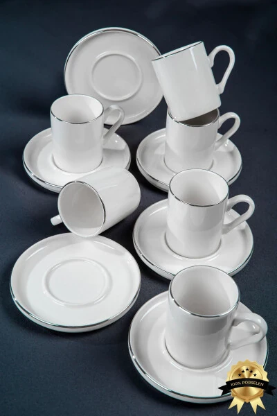 Dream Platinum Gilt 12 Piece 6 Person Porcelain Coffee Cup Set Cracked White - HEDA PORSELEN