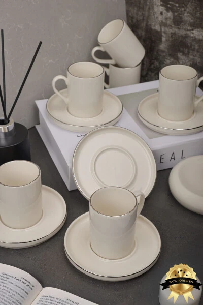 Dream Platinum Gilt 12 Piece 6 Person Porcelain Coffee Cup Set Cracked White - HEDA PORSELEN (1)