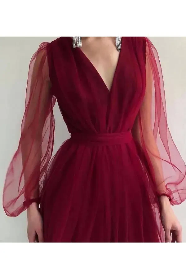 Dream Tulle Claret Red Midi Length Wedding Engagement Graduation Dress - 1