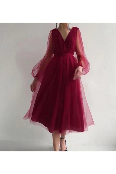 Dream Tulle Claret Red Midi Length Wedding Engagement Graduation Dress - MADAME JASMIN (1)