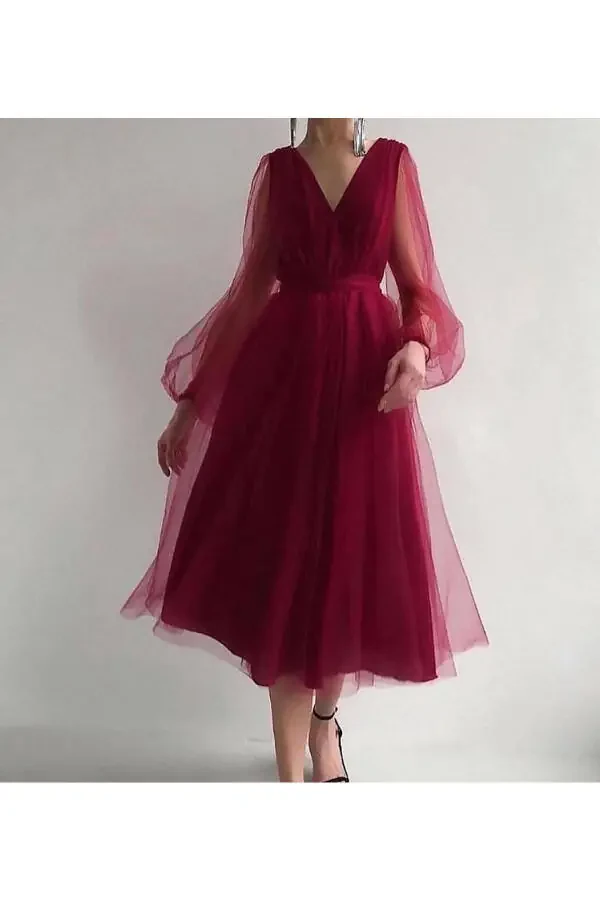 Dream Tulle Claret Red Midi Length Wedding Engagement Graduation Dress - 2