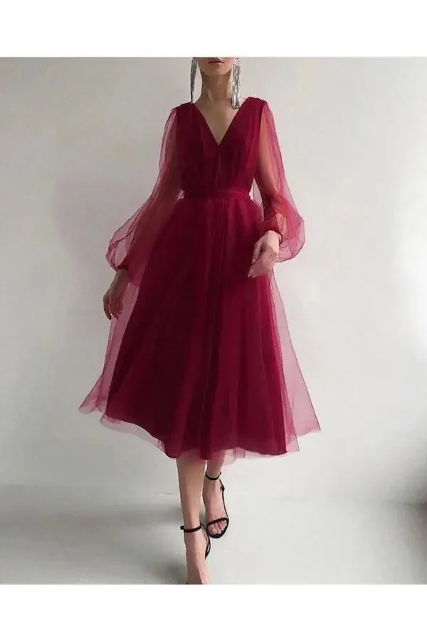 Dream Tulle Claret Red Midi Length Wedding Engagement Graduation Dress - 3
