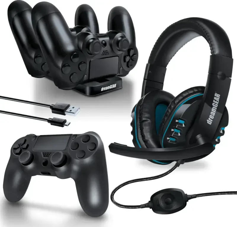 dreamGEAR PlayStation 4 Advanced Gamer's Starter Kit - Headset, Charging Dock, USB Charge Cable, Controller Cover & Joystick Caps for PS4 (Controllers are not included) - 3