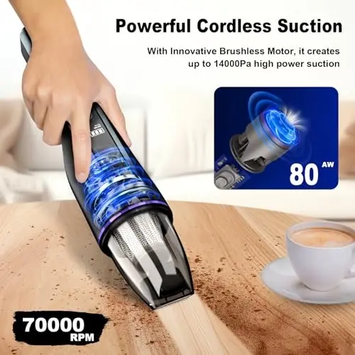 DRECELL Handheld Vacuum Cordless, Car Vacuum with Brushless Motor & 14000Pa Suction, 1.2lbs Lightweight, LED Light, Slim Mini Vacuum Cleaner for Car Home Pet - 4