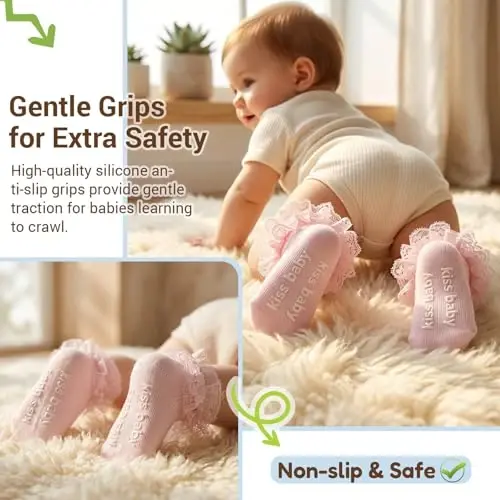 DRESHOW BQUBO Baby Girls Toddler Anti Slip Socks - Cute Frilly Ruffle Grip Ankle Socks for Infant Toddler - 4