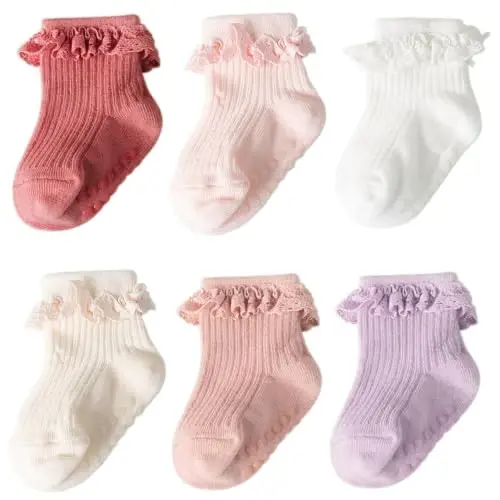 DRESHOW BQUBO Baby Girls Toddler Anti Slip Socks - Cute Frilly Ruffle Grip Ankle Socks for Infant Toddler 