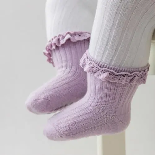 DRESHOW BQUBO Baby Girls Toddler Anti Slip Socks - Cute Frilly Ruffle Grip Ankle Socks for Infant Toddler - 4