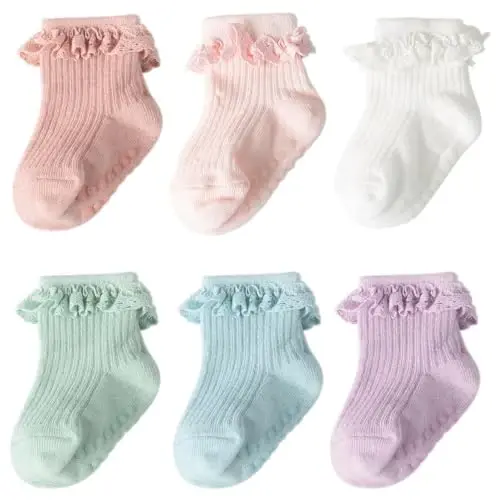 DRESHOW BQUBO Baby Girls Toddler Anti Slip Socks - Cute Frilly Ruffle Grip Ankle Socks for Infant Toddler - 1