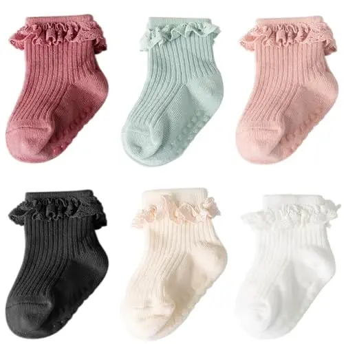 DRESHOW BQUBO Baby Girls Toddler Anti Slip Socks - Cute Frilly Ruffle Grip Ankle Socks for Infant Toddler 