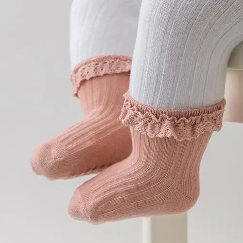 DRESHOW BQUBO Baby Girls Toddler Anti Slip Socks - Cute Frilly Ruffle Grip Ankle Socks for Infant Toddler - 5