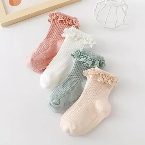 DRESHOW BQUBO Baby Girls Toddler Anti Slip Socks - Cute Frilly Ruffle Grip Ankle Socks for Infant Toddler - 6