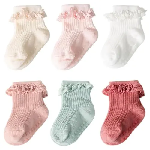 DRESHOW BQUBO Baby Girls Toddler Anti Slip Socks - Cute Frilly Ruffle Grip Ankle Socks for Infant Toddler - 1