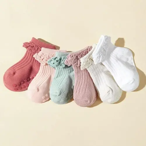 DRESHOW BQUBO Baby Girls Toddler Anti Slip Socks - Cute Frilly Ruffle Grip Ankle Socks for Infant Toddler - 4