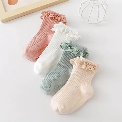 DRESHOW BQUBO Baby Girls Toddler Anti Slip Socks - Cute Frilly Ruffle Grip Ankle Socks for Infant Toddler - DRESHOW (1)