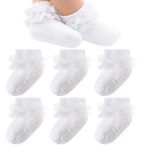 DRESHOW BQUBO Baby Girls Toddler Anti Slip Socks - Cute Frilly Ruffle Grip Ankle Socks for Infant Toddler - 1