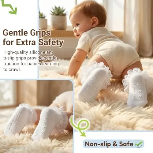 DRESHOW BQUBO Baby Girls Toddler Anti Slip Socks - Cute Frilly Ruffle Grip Ankle Socks for Infant Toddler - 4