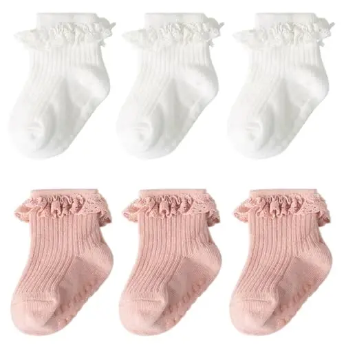 DRESHOW BQUBO Baby Girls Toddler Anti Slip Socks - Cute Frilly Ruffle Grip Ankle Socks for Infant Toddler - 1