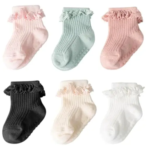 DRESHOW BQUBO Baby Girls Toddler Anti Slip Socks - Cute Frilly Ruffle Grip Ankle Socks for Infant Toddler 